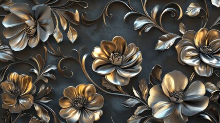 Canvas Print - Metallic floral engravings in silver and gold on a dark velvety background with soft reflective light