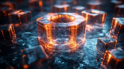 Aufkleber - Glowing hexagonal nut floats among shimmering cubes on a dark icy surface, creating a captivating futuristic effect. The atmosphere is filled with vibrant colors and light reflections.