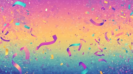 Wall Mural - Wallpaper with neon confetti and streamers in motion over a gradient background with liquid-like textures