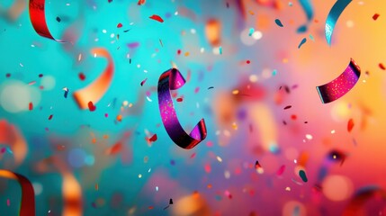 Wall Mural - Retro chic wallpaper with neon confetti and streamers suspended in mid-air glowing backdrop