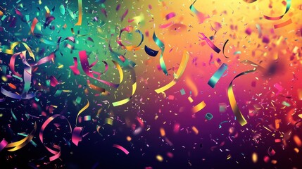 Wall Mural - Wallpaper of vibrant confetti and streamers over a dark gradient background glowing light effects