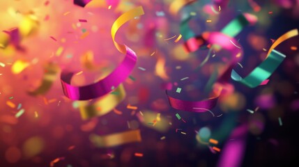 Wall Mural - 70s-style wallpaper of swirling confetti and streamers over a gradient backdrop with glowing reflections