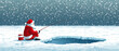 © RRIKATO - A whimsical scene of Santa fishing on a snowy landscape, enjoying a serene winter day as snowflakes gently fall around him.
