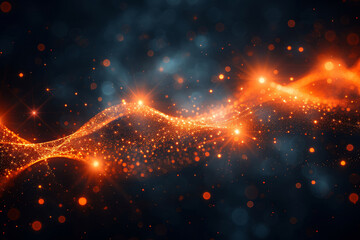 Poster - Bright orange waves of light weave through a dark backdrop, creating a mesmerizing display of sparkling particles that evoke a sense of motion and energy in a cosmic environment.