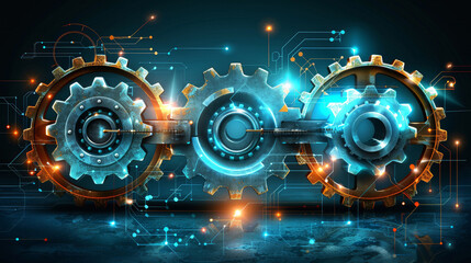 Poster - Three metallic gears connected together showcase the fusion of mechanics and digital technology. The background features glowing circuitry, illustrating advancement and innovation in engineering.