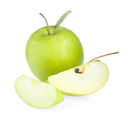 Wall Mural - Whole and cut fresh green apples isolated on white