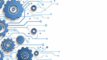 Poster - A collection of blue gears interspersed with circuit patterns, creatively illustrating the connection between mechanical components and digital technology in a modern design. Copy space