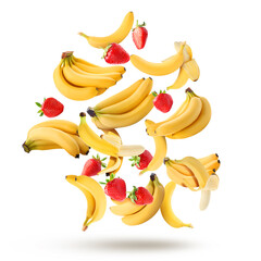 Sticker - Fresh bananas and strawberries falling on white background