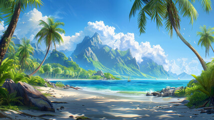 Wall Mural - A picturesque tropical beach features gentle waves lapping against the shore, surrounded by lush palm trees and majestic mountains.