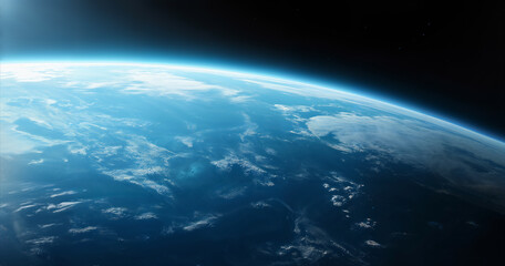realistic photo of earth from space, showcasing the planet's blue atmosphere and cloud formations ag