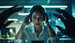 © huntspy - woman answers call in brightly lit office, displaying focused expression as she engages in conversation. atmosphere is intense, highlighting her concentration and urgency of moment