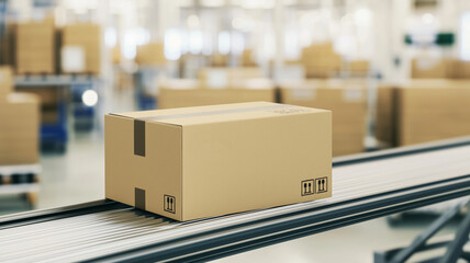 Poster - Cardboard box moving along a conveyor belt in a busy warehouse setting
