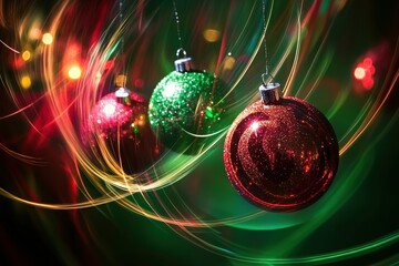 Aufkleber - Colorful ornaments in red and green sparkle among vibrant swirling lights, capturing the joy of the Christmas celebration. Generative AI