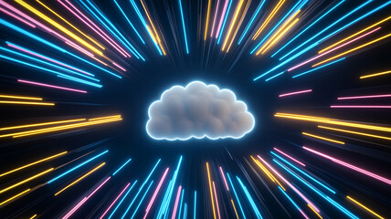 Poster - Data streams radiate from a vibrant cloud in a dynamic digital environment