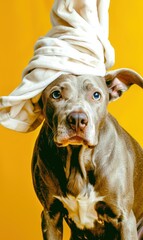 Sticker - A weimaraner dog with a towel on its head looks curiously at the camera. AI.