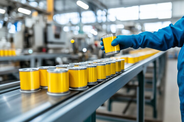 Poster - Pet food cans are meticulously processed on an industrial assembly line