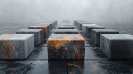Poster - Textured stone blocks create a pathway in a misty, minimalist environment, blending organic shapes with a serene atmosphere. The soft lighting enhances the scene's depth and tranquility.