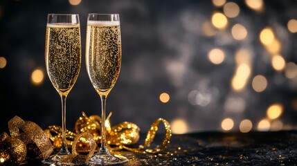 Aufkleber - Two champagne glasses with bubbles and festive ribbon on a glittering table. Ideal for holiday toasts or New Year'92s Eve parties.