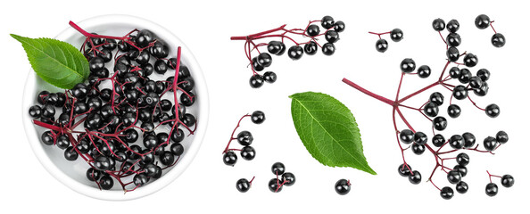 Wall Mural - Ripe black elderberry or elder with green leaves in ceramic bowl isolated on a white background. Sambucus