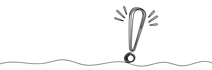 Single continuous line art exclamation mark icon. Online warning hazard concept silhouette symbol design. One sketch outline drawing vector illustration