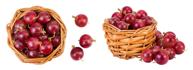 Wall Mural - Red gooseberry in a wicker basket isolated on white background. Top view. Flat lay.