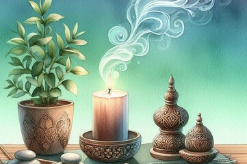 Watercolor illustration of a candle with swirling smoke, incense, and potted plants on a peaceful teal background