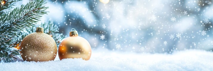 Poster - Two golden Christmas ornaments in snow with pine branches and snowflakes falling. Ideal for holiday backgrounds and festive decorations.