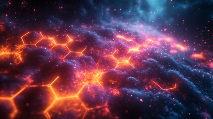 Poster - Mesmerizing lava-like formations illuminated in vibrant orange tones contrast against dark cosmic clouds, creating a surreal nighttime landscape that captivates the imagination.