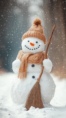 Poster - Snowman with a knitted hat and scarf standing in a snowy scene, surrounded by bokeh lights, ideal for holiday greetings.