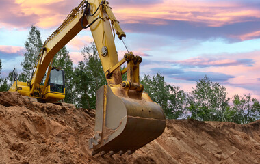 Wall Mural - Excavator dig trench at forest on sunset. Backhoe on earthwork. Laying crude oil and natural gas pipeline, water main pipes. Construction the sewage and drainage. Open-pit development.