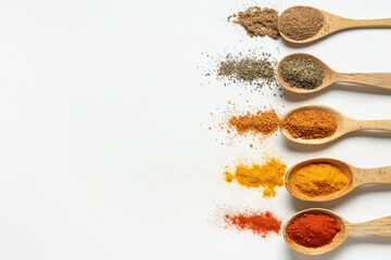 Wall Mural - Row of wooden spoons with different spices on light background