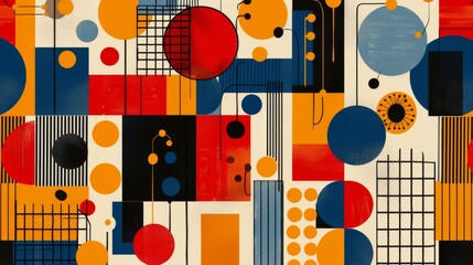 Wall Mural - a colorful geometric pattern with swiss influences, showcasing bold rectangles, squares, and circles