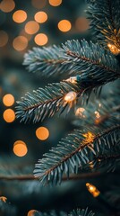 Poster - Close-up of pine tree branch with Christmas lights and soft bokeh background. Magical winter holiday atmosphere for Christmas and New Year celebrations.
