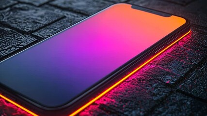 Poster - Modern smartphone with rounded edges and triple-lens camera is displaying an abstract colorful background. The device is lying on a dark textured surface
