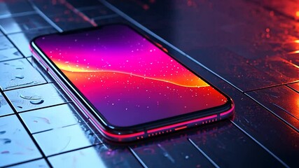 Poster - Modern smartphone with rounded edges showcasing a vibrant, animated background with a cosmic, nebula-like design. The phone rests on dark, wet tiles