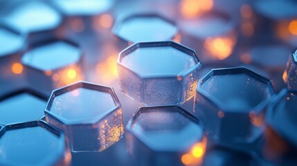 Aufkleber - Translucent hexagonal structures reflect shimmering light in varying shades, creating a captivating interplay of color and texture. This intricate arrangement highlights modern design and creativity.