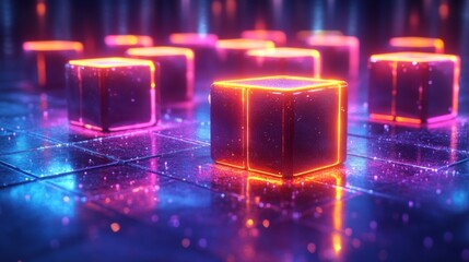 Poster - Colorful neon cubes glow in a dark, futuristic space, casting reflections on a shiny surface. The vibrant hues create a mesmerizing effect, inviting exploration.
