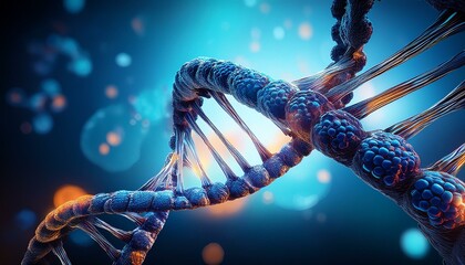 DNA helix strand with a colorful background; selective focus; blurred background; a dynamic angle of a DNA strand helix in a form of three dimensional medical illustration; 3D medical animation