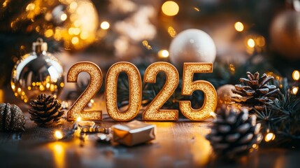 Poster - Golden 2025 numerals surrounded by festive Christmas decorations, emitting a warm glow and seasonal cheer as New Year approaches.