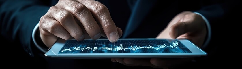 Poster - Businessman analyzing data on tablet screen, dark background.