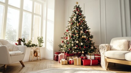 Poster - Stylish Christmas tree with golden and red ornaments and gifts in a cozy room setting. Ideal for seasonal decoration ideas.