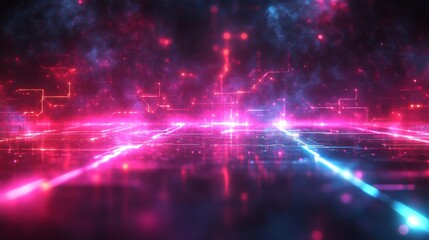 Poster - A captivating digital landscape featuring neon lights in vivid pink and blue hues, creating an abstract environment that evokes a sense of futurism and technology.
