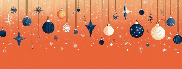 charming christmas ornaments hanging against an orange background with snowflakes and stars creating