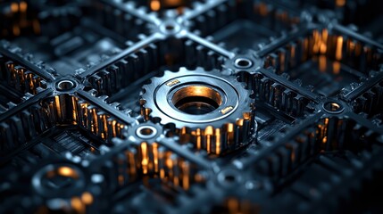 Poster - Close-up of metallic gears with intricate designs, showcasing industrial mechanics and engineering artistry.