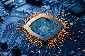 Poster - Detailed close-up of a modern computer chip on a circuit board with vibrant, glowing elements.