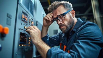 Employee feeling overwhelmed by machine malfunction, representing the stress and pressure of maintaining productivity in industrial environments