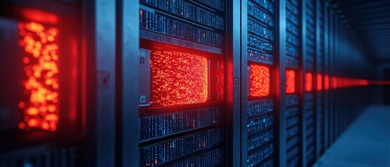 Poster - Futuristic data center with glowing red lights, showcasing advanced server technology in a modern environment.