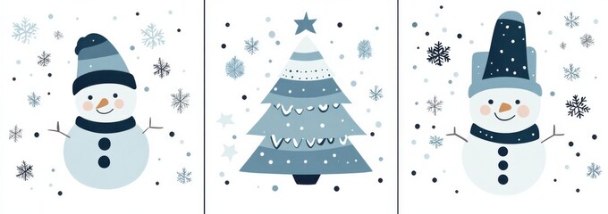 Charming winter illustration featuring a Christmas tree, two cheerful snowmen, and elegant snowflakes in a cool color palette