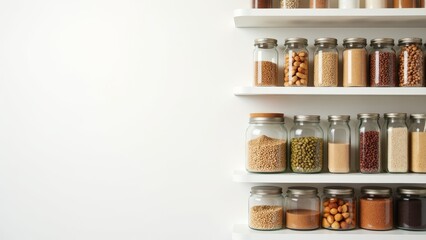 Glass jars filled with various grains neatly arranged on shelves, symbolizing healthy eating, organization, and eco-conscious lifestyle