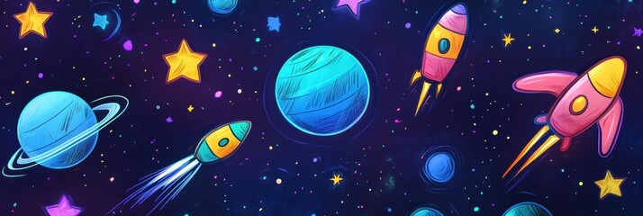 Poster - This artwork showcases a whimsical array of cosmic doodles, including colorful rockets, planets, and twinkling stars against a starry backdrop. Generative AI